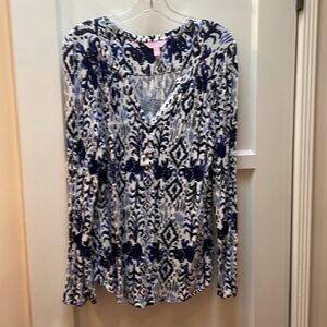 Lilly Pulitzer indigo blue ikat elephant Henley shirt sz Large